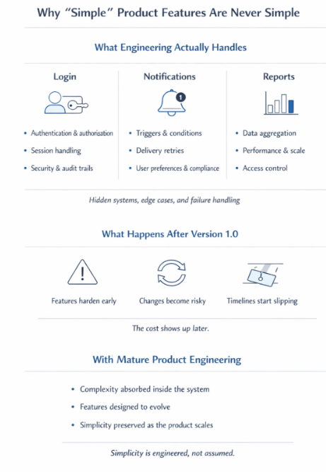Infographic explaining the hidden engineering complexity behind simple software features and post-launch scalability