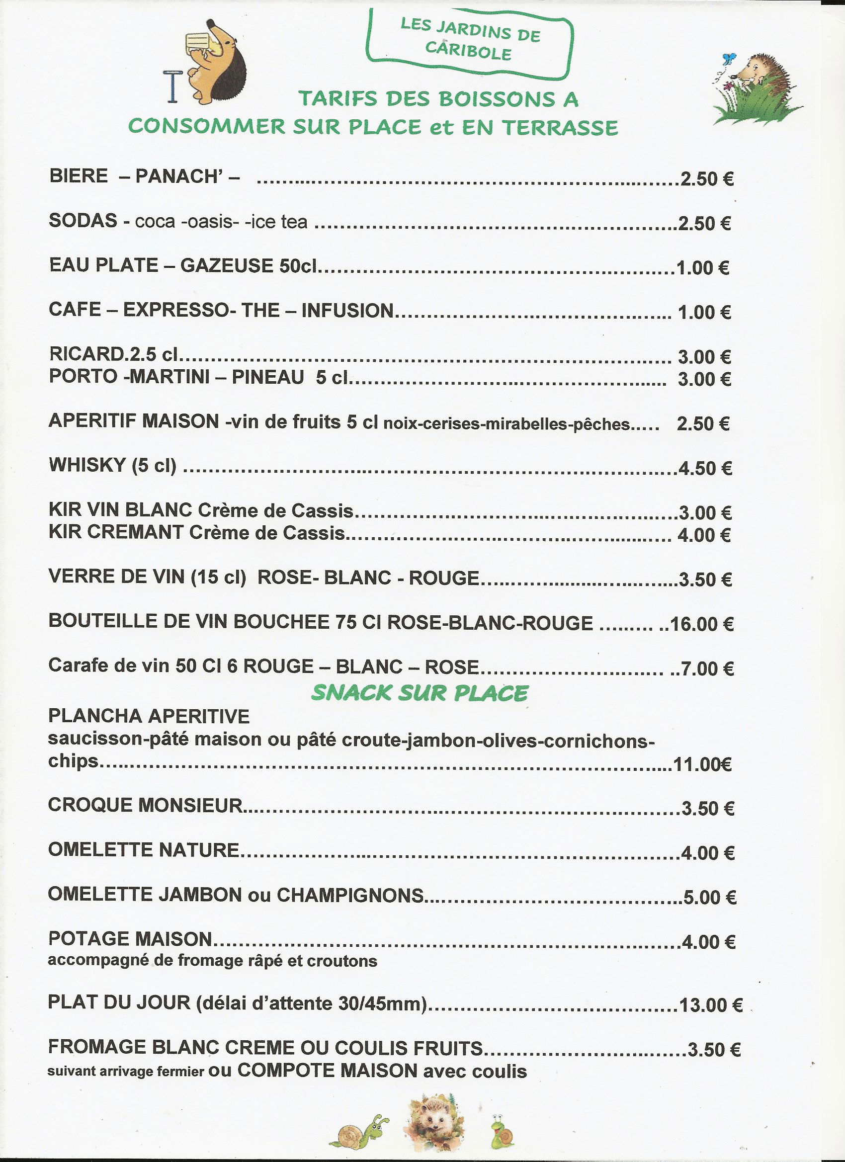 TARIF BOISSONS ET SNACK