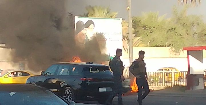 عاجل . احتراق سيارة في منطقة كراج الأمانة