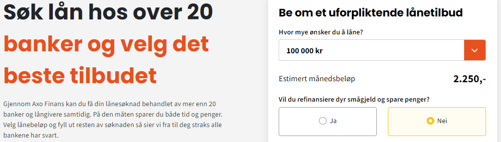 Pris på å låne 100 000 kroner gjennom Axo Finans