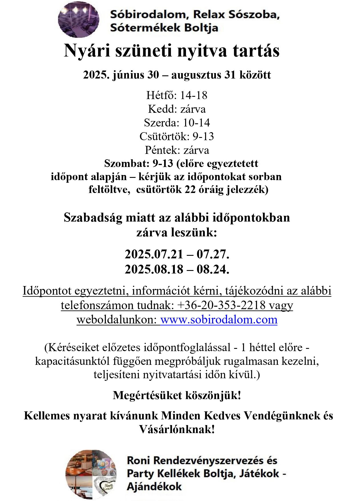 Nyári szüneti nyitva tartás