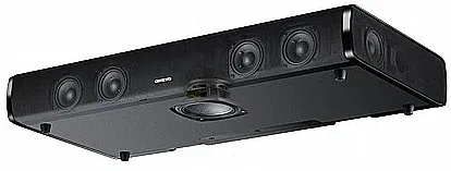 תמונה בזוית של מקרן הקול onkyo lst10 כולל החלק התחתון שלו הכולל את הסאב וופר המובנה