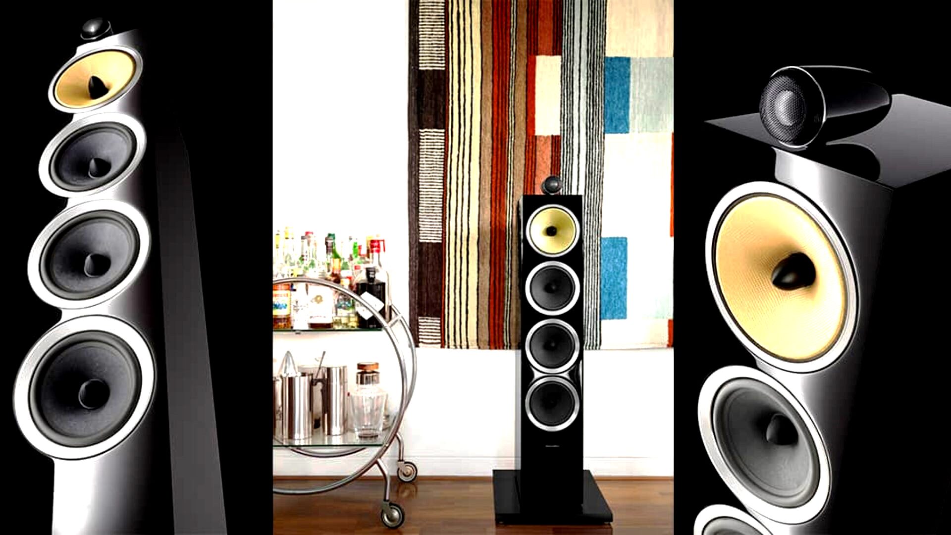 קולאז' תמונות אווריה של הרמקולים הרצפתיים Bowers & Wilkins CM10S2 בכל מני זויות ופוזיציות ללא גריל