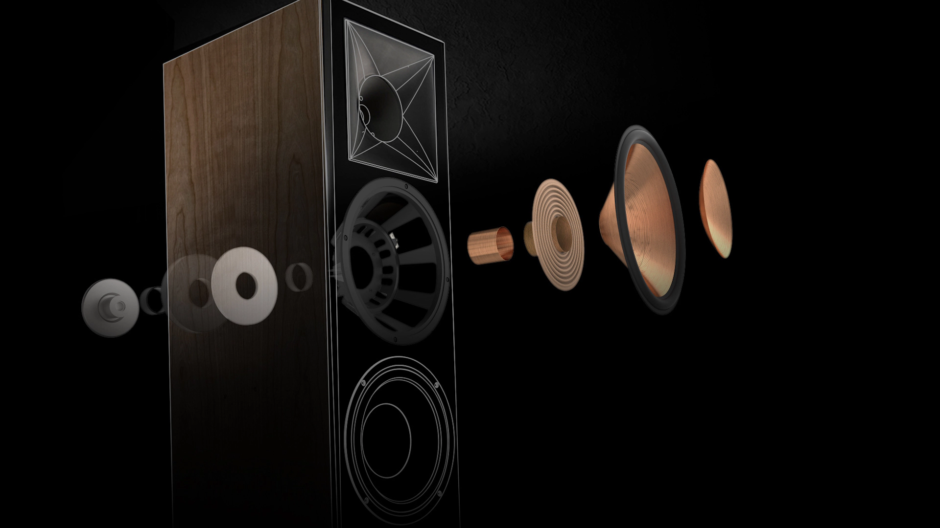 תמונה של רמקול Klipsch RF-7 III כשכל מרכיבי הדרייברים שלו מפורקים לצורך הדמייה