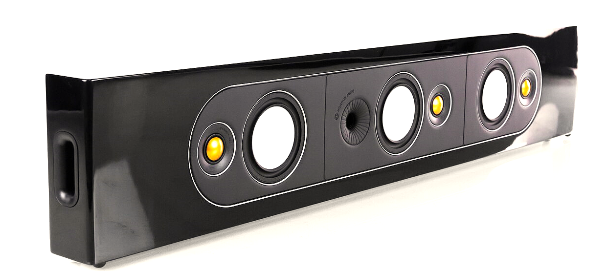 תמונה של הרמקול Monitor Audio Radius One בגיור שחור מבריק ללא גריל עם שלושת הוופרים ושלושת הטווטרים חשופים והוא מופנה בזווית אלינו