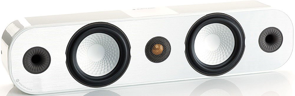 תמונה של הרמקול סנטר Monitor Audio Apex A40 בצבע לבן עומד באלכסון 