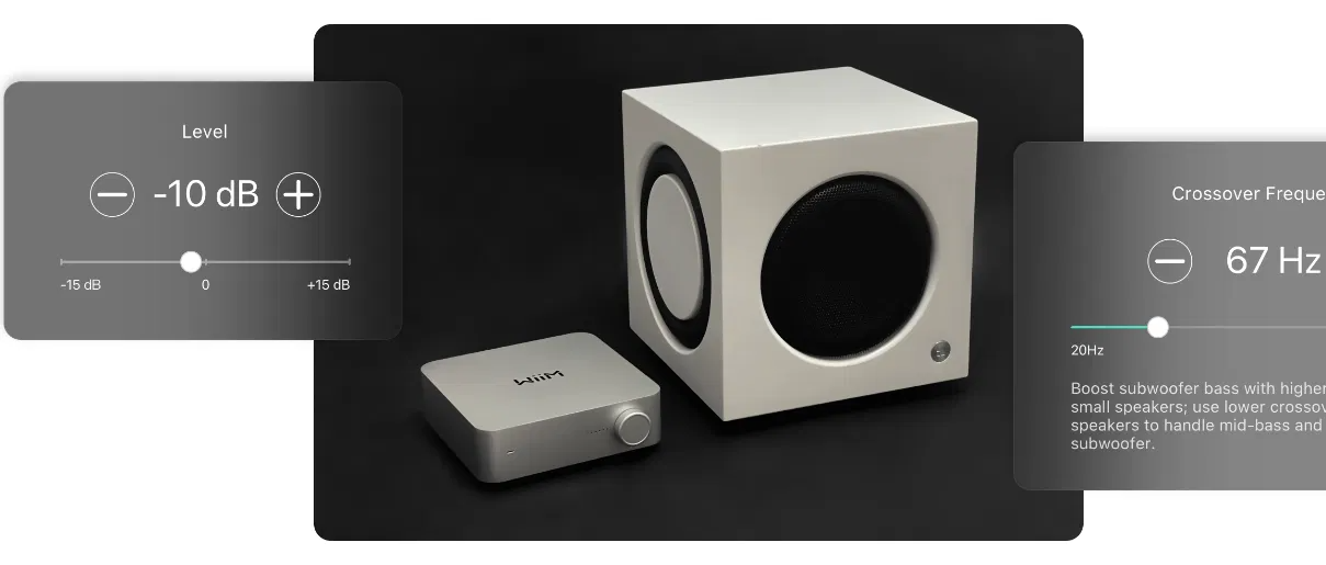 תמונה של המגבר סטרימר ווים wiim amp מונח על יד סאב וופר של Audio Pro כדי להמחיש את הקשר ביניהם