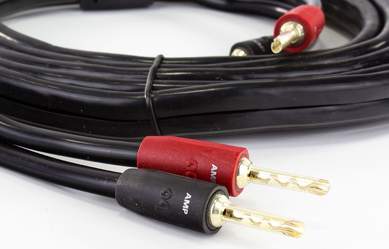 תמונה של הכבל רמקולים AudioQuest Rocket 11 מגולגל עם הראשים לכיוון העדשה