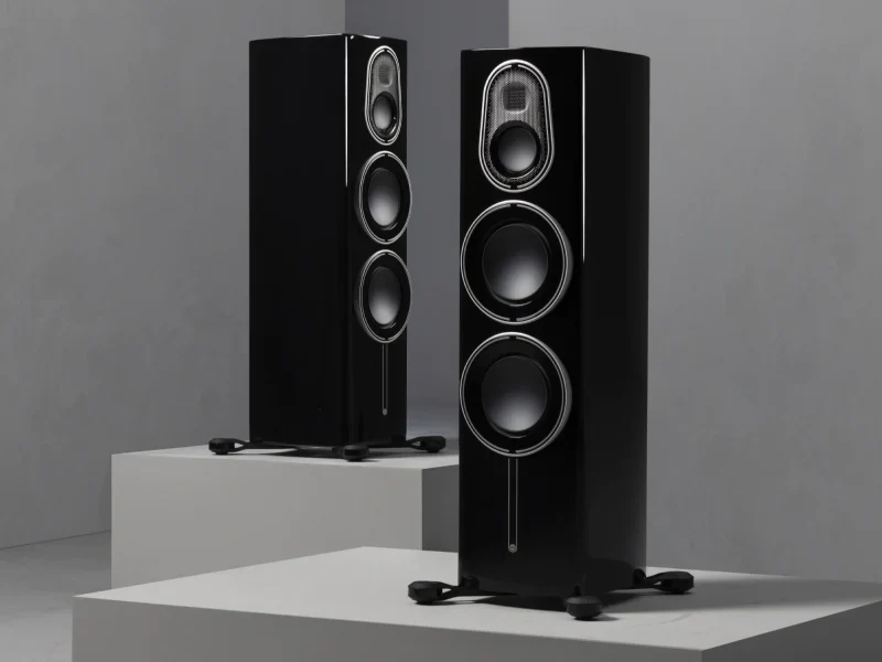 תמונה של זוג רמקולים Monitor Audio Platinium 300 3G בשחור מבריק עומדים זה לצד זה בגובה שונה וקצת עפ הפנים אחד לשני
