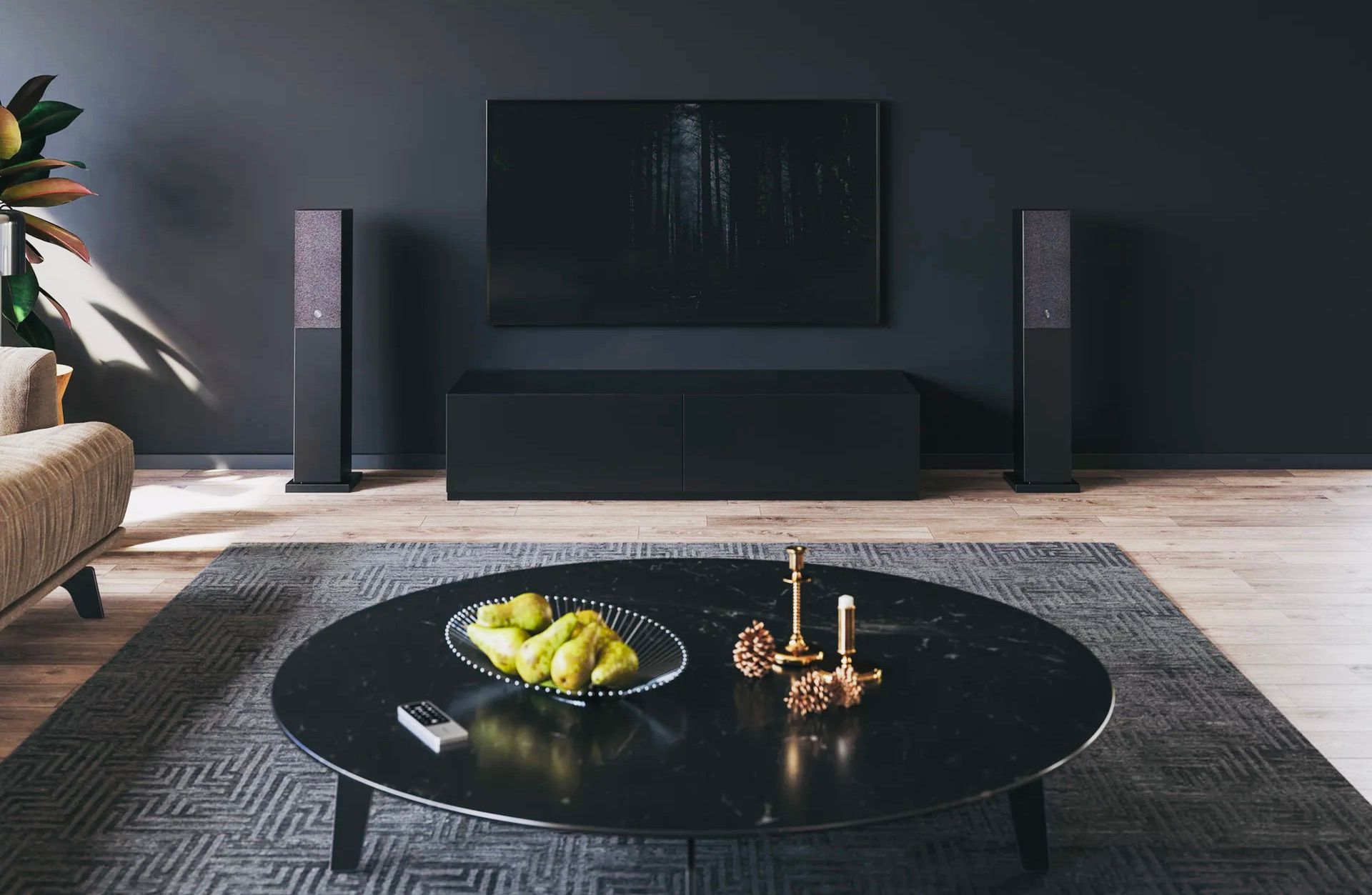 זוג רמקלים audio pro t20 בצבע שחור מוצבים משני צידי שידה עם טלךויזיה מונחת עליה, שטיח ושולחן סלון מקדימה