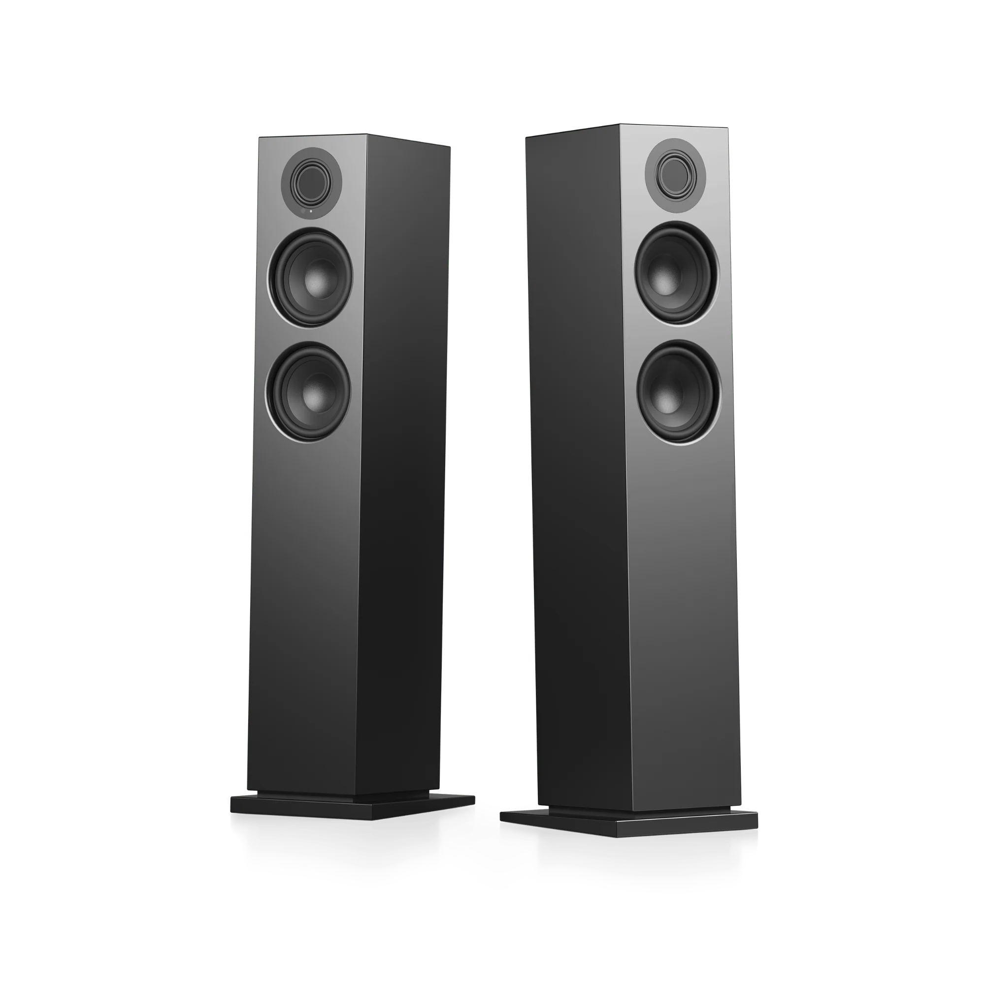 זוג רמקולים מוגברים audio pro a48 עומדים זה לצד זה בצבע שחור