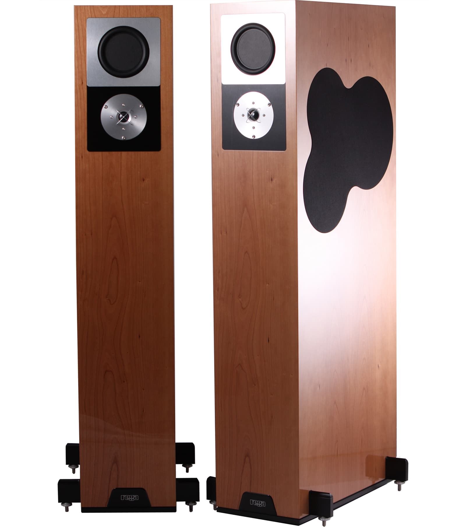 תמונה של זוג רמקולים Rega RS10 עומדים זה לצד זה