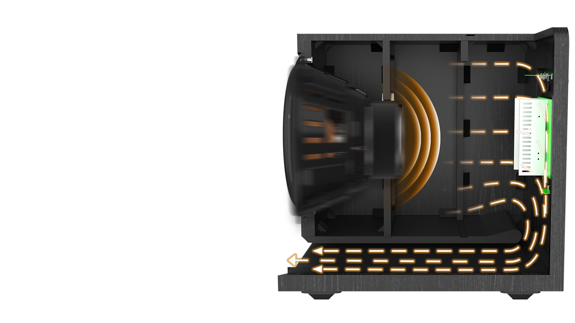 תמונת אווירה של חתך הסאב Klipsch RP-1600SW שבו רואים את מבנה התיבה