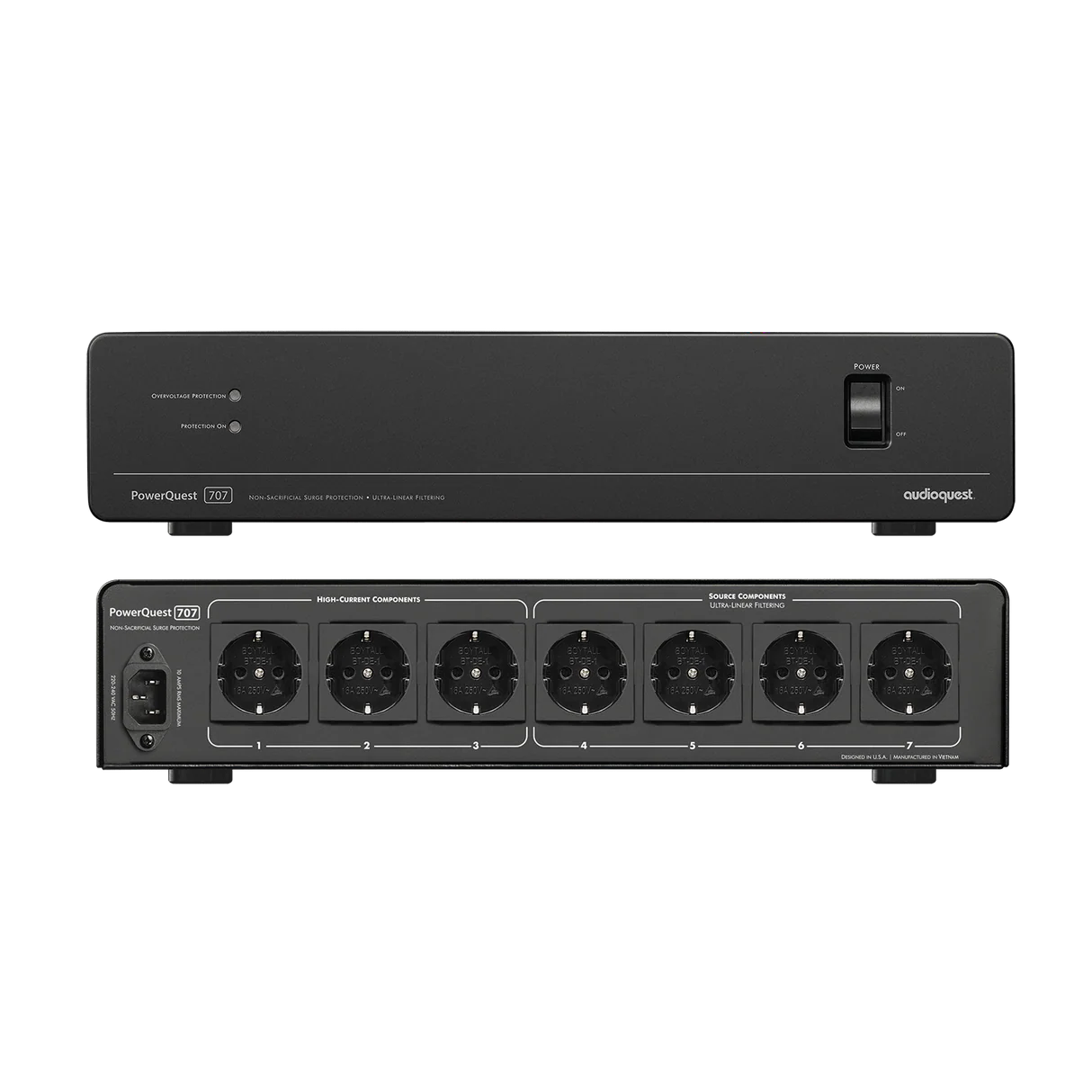 מנהל מתח AudioQuest PowerQuest 707 מקדימה ומאחורה עם כל חיבורי החשמל