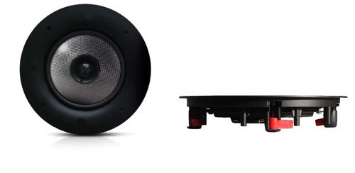 זוג רמקולים שקועים Morel PMC600 מונחים אחד על יד השני, אחד שוכב ואחד עומד אנכי ללא גריל 