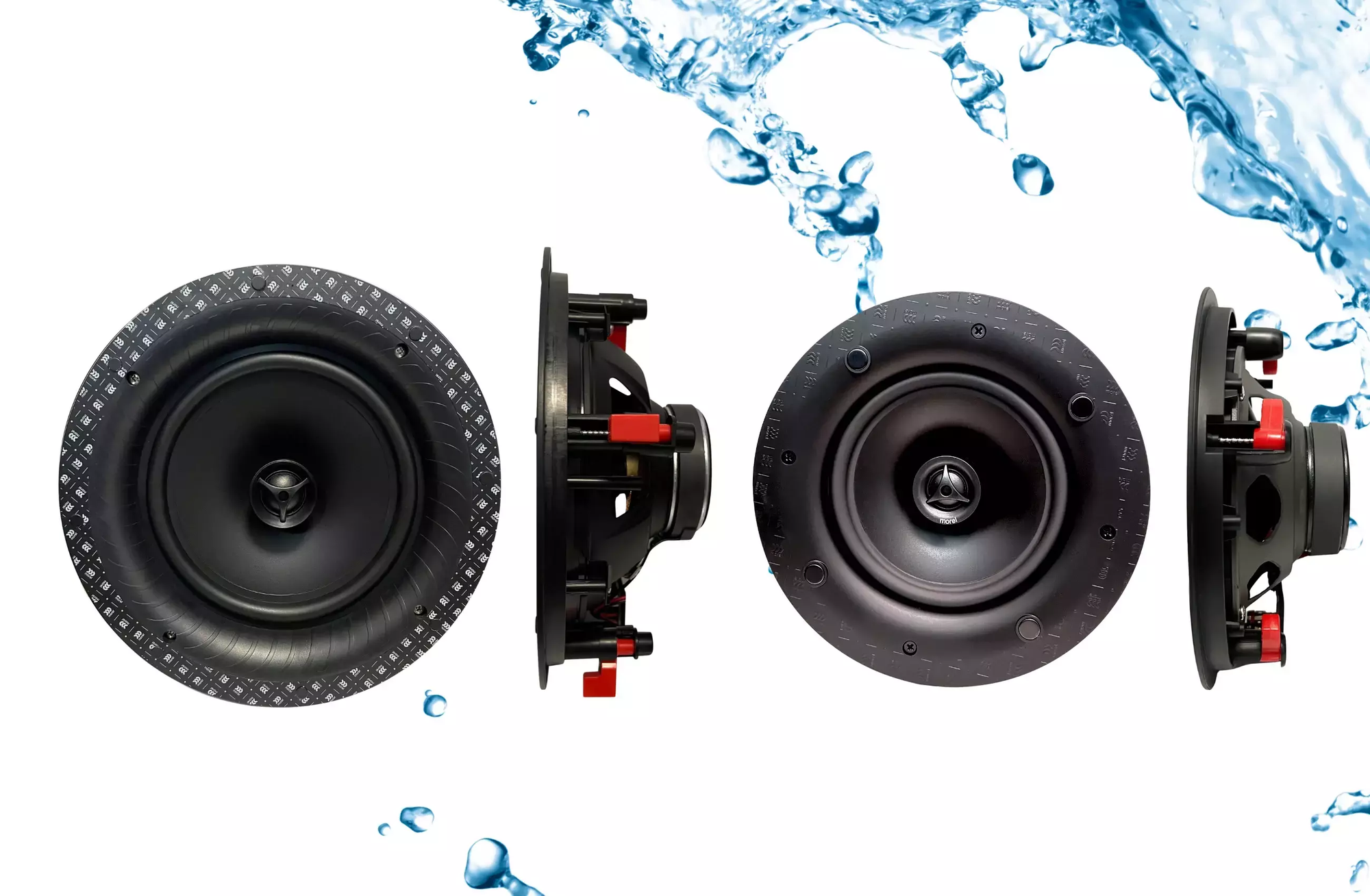 ארבעה רמקולים שקועים מוראל Morel XBC600 מונחים אחד על ידהשני שניים בפרופיל ושניים חזיתית למצלמה