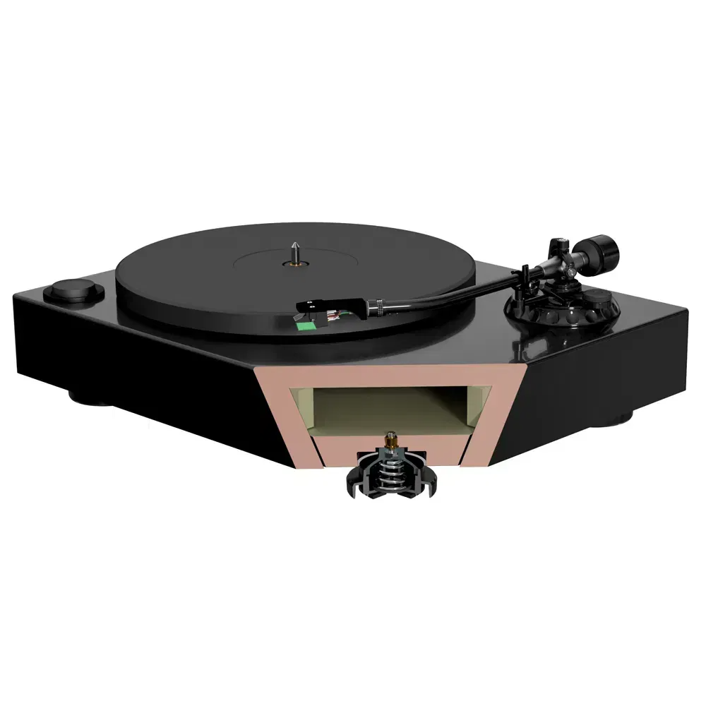 פטיפון הנעה ישירה מגנט Magnat MTT990 בתמונת הפלינט חתוך שממחישה את עובי העץ שממנו עשוי ארגז הפלינט שלו