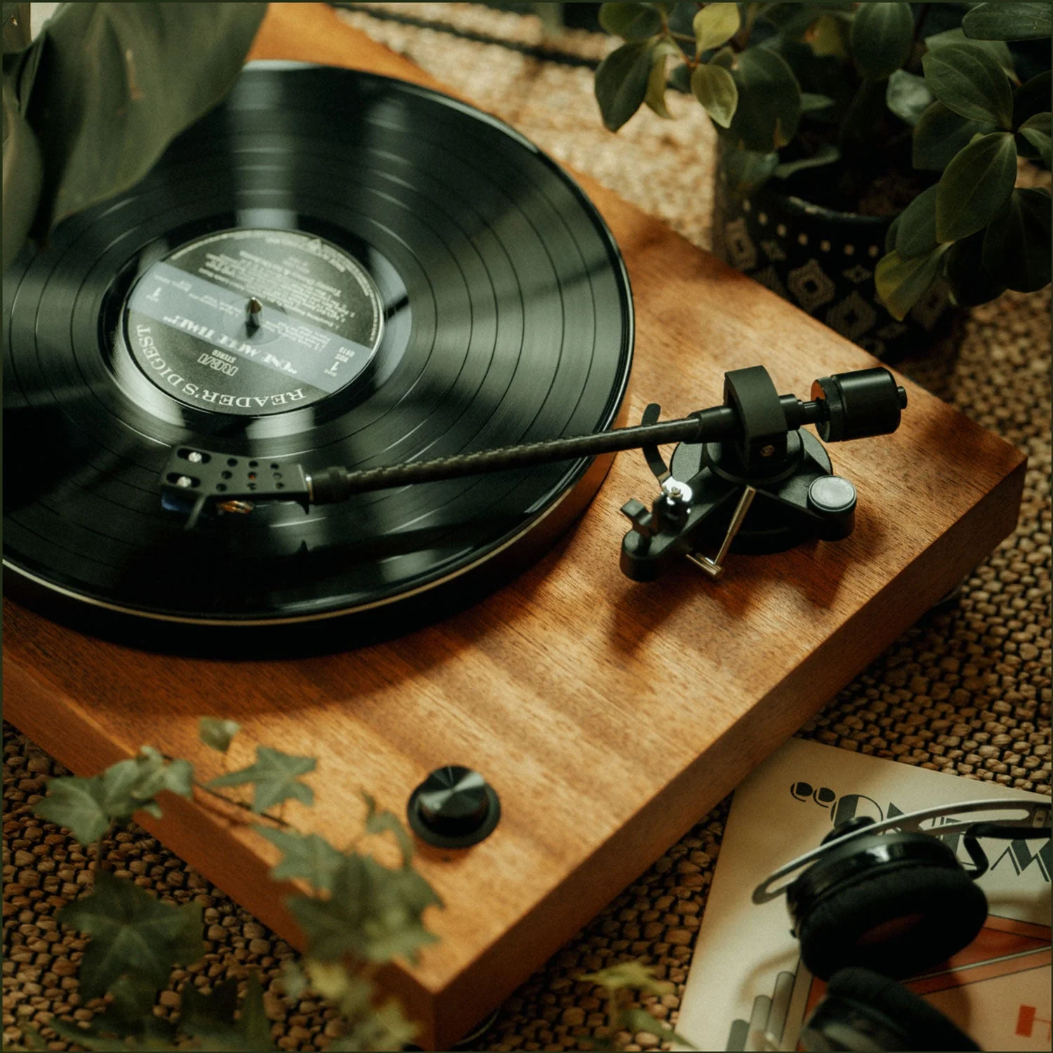 פטיפון ארגון Argon Audio TT-4 MK2 בגימור מופעל על ידי מישהי ויושב על שידה בצילום מלמעלהפטיפון ארגון Argon Audio TT-4 MK2 בגימור עץ בצילום מלמעלה