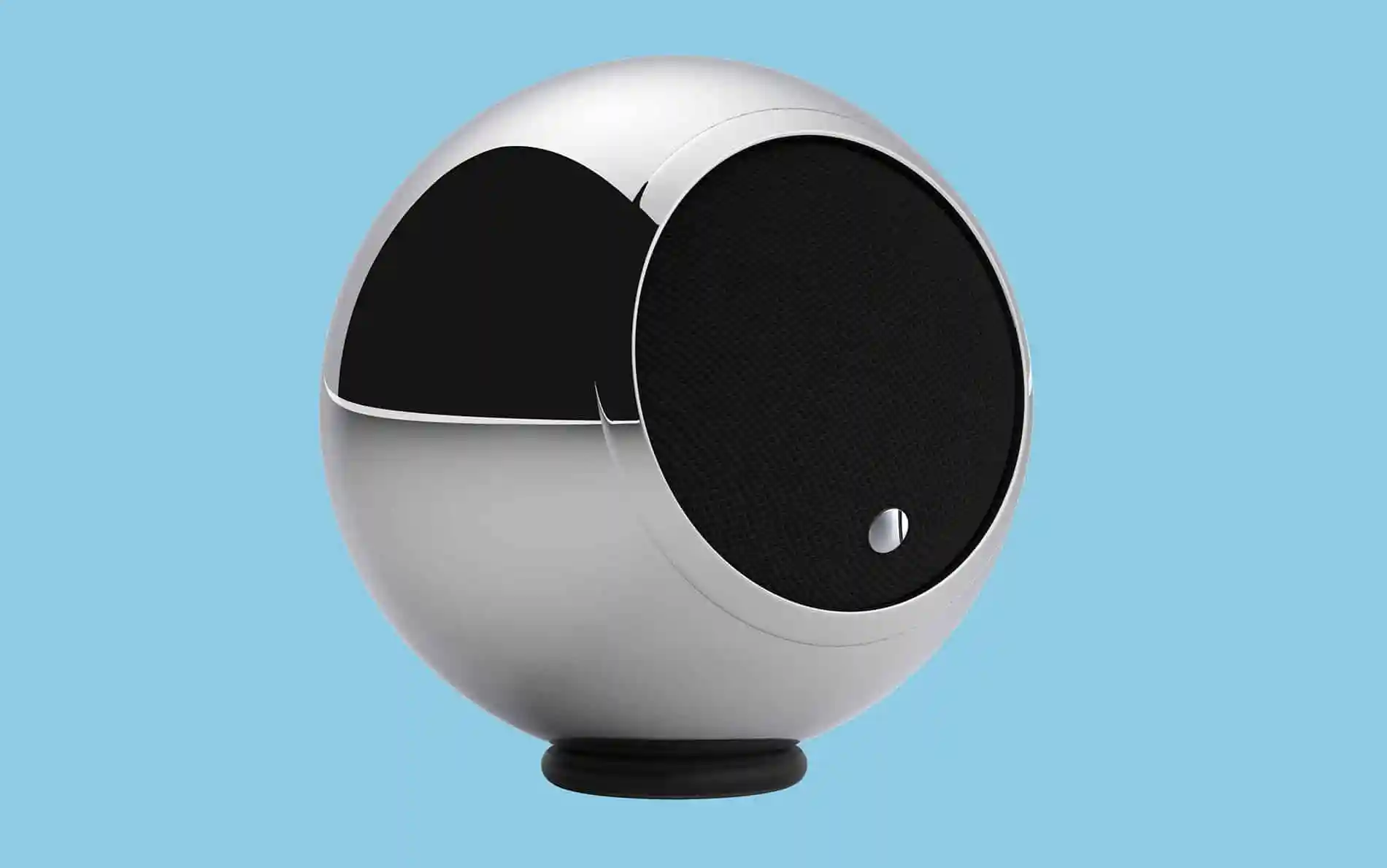 רמקול מעוצב גאלו Gallo Acoustics A’Diva בגימור נירוסטה מונח על תושבת ומצולם מקרוב