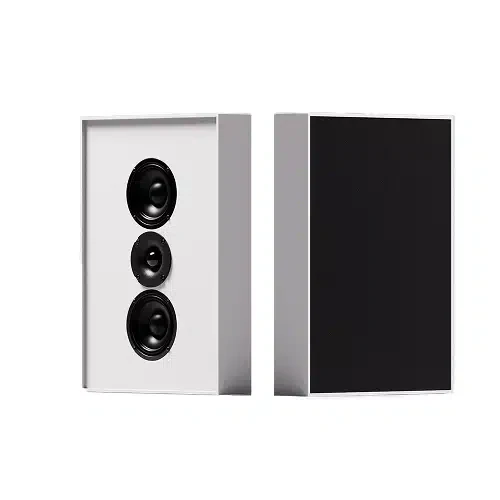 זוג רמקולים מונחים זה לצד זה אחד עם גריל ואחד בלי