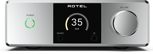צילום חזיתי של המגבר של רוטל rotel dx5 כשהוא דלוק והמסך שלו מראה על עוצמה של 35