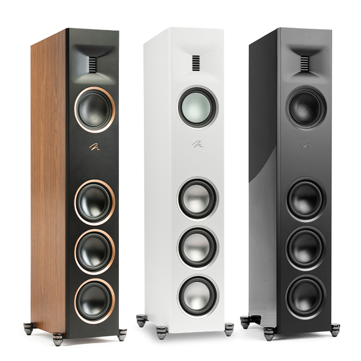 שלושה רמקולים רצפתיים Martin Logan Motion XT F100 בגימורי עץ ואגוז לבן ושחור מט המציגים את טוויטר ה-FMT XT ושלושה וופרים