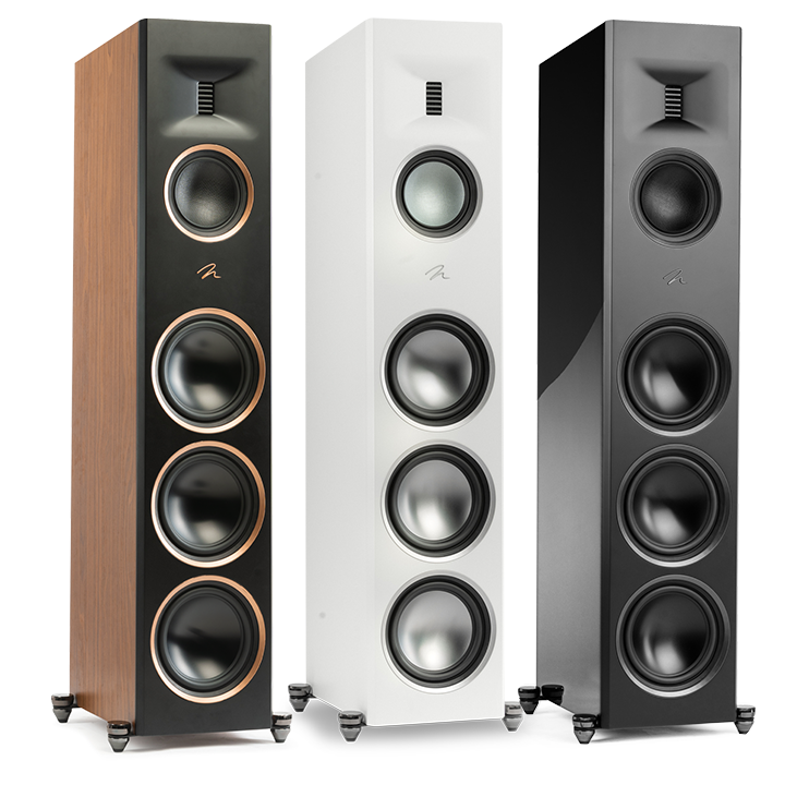 תמונה של שלושה רמקולים רצפתיים מרטין לוגן Martin Logan Motion XT F200 עומדים זה לצד זה וכל אחד בצבע אחר
