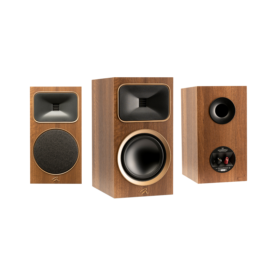 רמקומדפי Martin Logan Motion Foundation B2 בגימור עץ ואגוז בשלוש זוויות תצוגה.