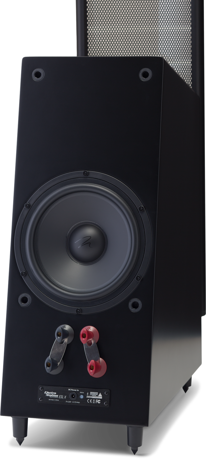 החלק האחורי של הרמקול Martin Logan ElectroMotion ESL X עם פוקוס על טרמינל החיבורים ועל הוופר בס