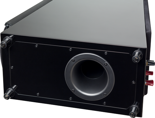 החלק האחורי של הרמקול Martin Logan ElectroMotion ESL X עם פוקוס על הבס רפלקס בתחתית הרמקול