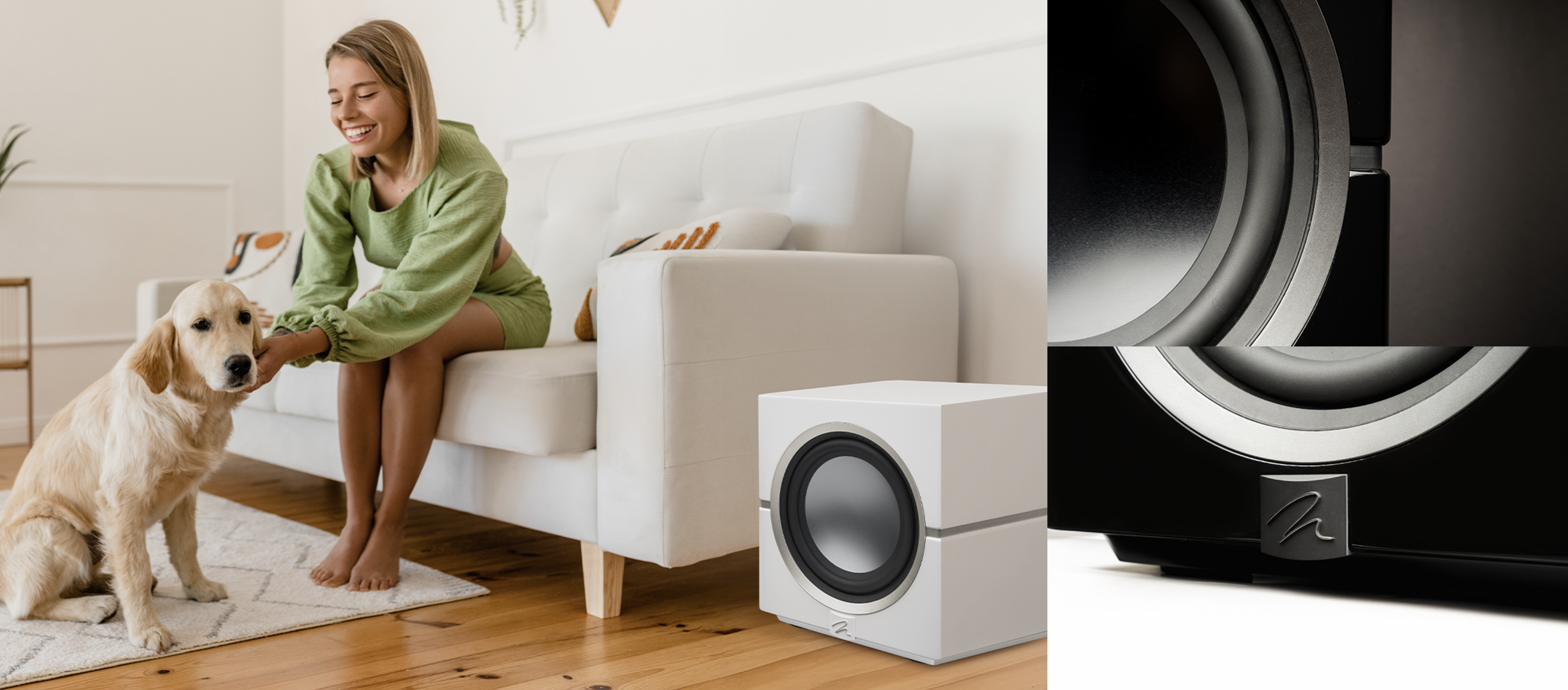 סאב וופר מרטין לוגן Martin Logan Dynamo 10 בכמה זויות צילום שונות הממחישות אווירת בית חמימה
