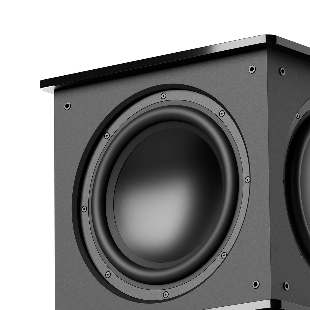 סאב וופר מרטין לוגן Martin Logan Grotto 12 בצילום תקריב של חלקו התחתון של הוופר עם ברגי החיבור וטבעת הגומי
