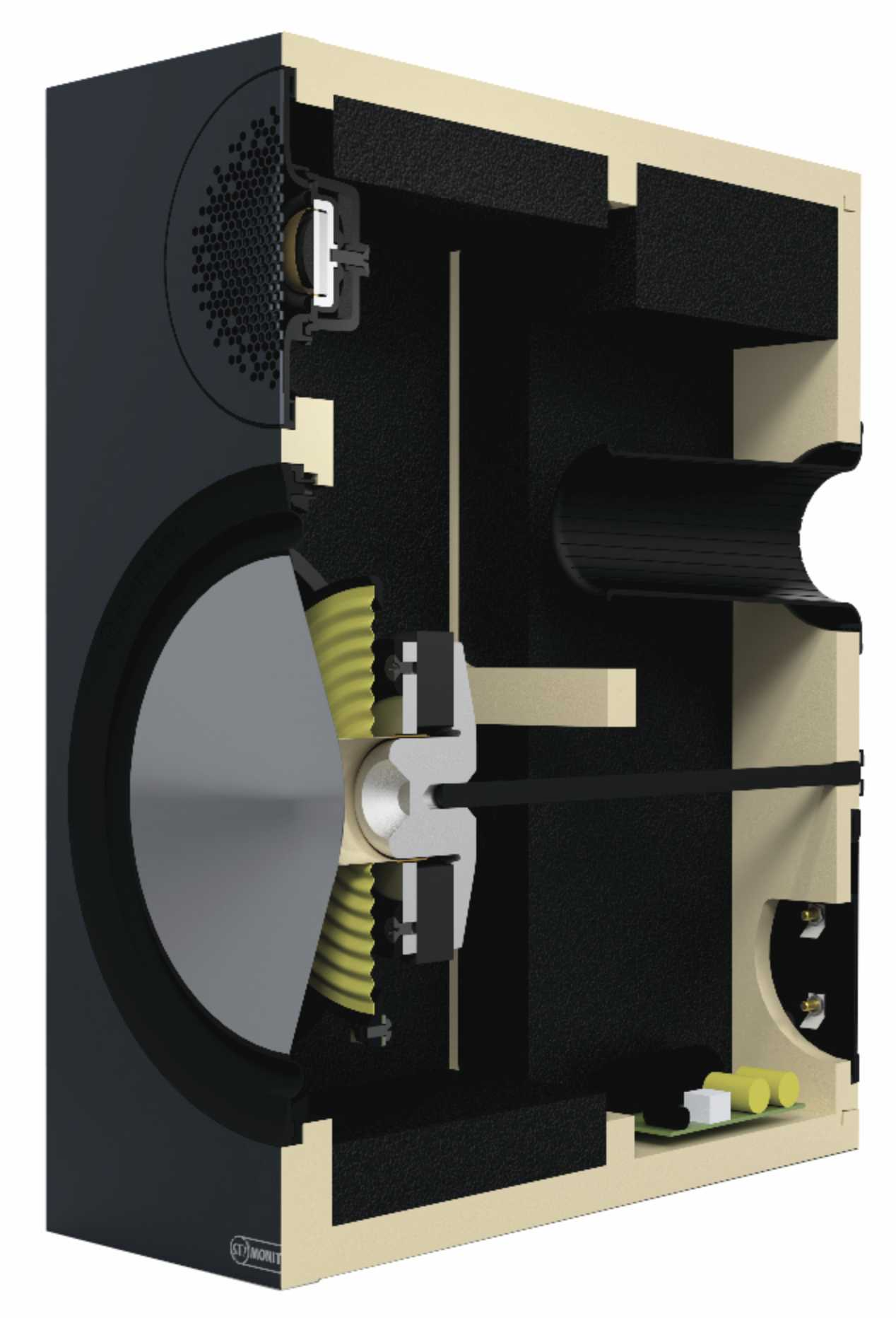 רמקול מדפי מוניטור אודיו ברונז Monitor Audio Bronze 100 6G בצילום חתך פרופיל שמראה את כל הרכיבים הפנימיים