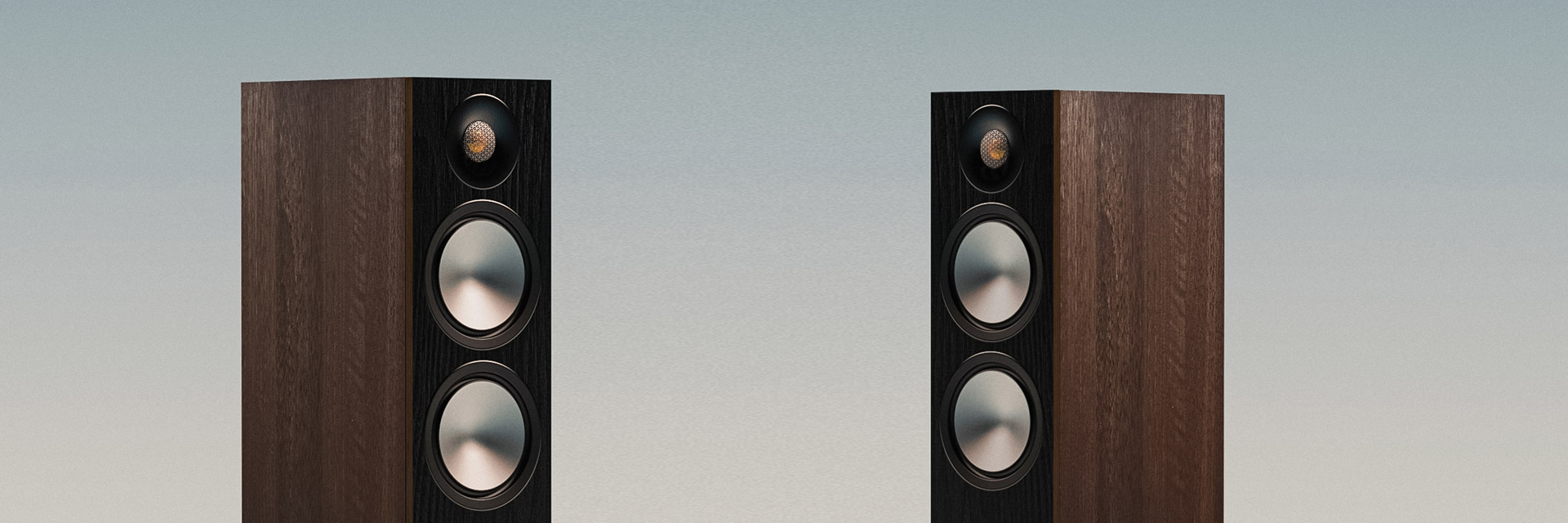 רמקולים רצפתיים מוניטור אודיו Monitor Audio Bronze 300 7G מצולמים בחשלם העליון חשוף ללא גריל כשהם מוטים מעט אחד כלפי השני