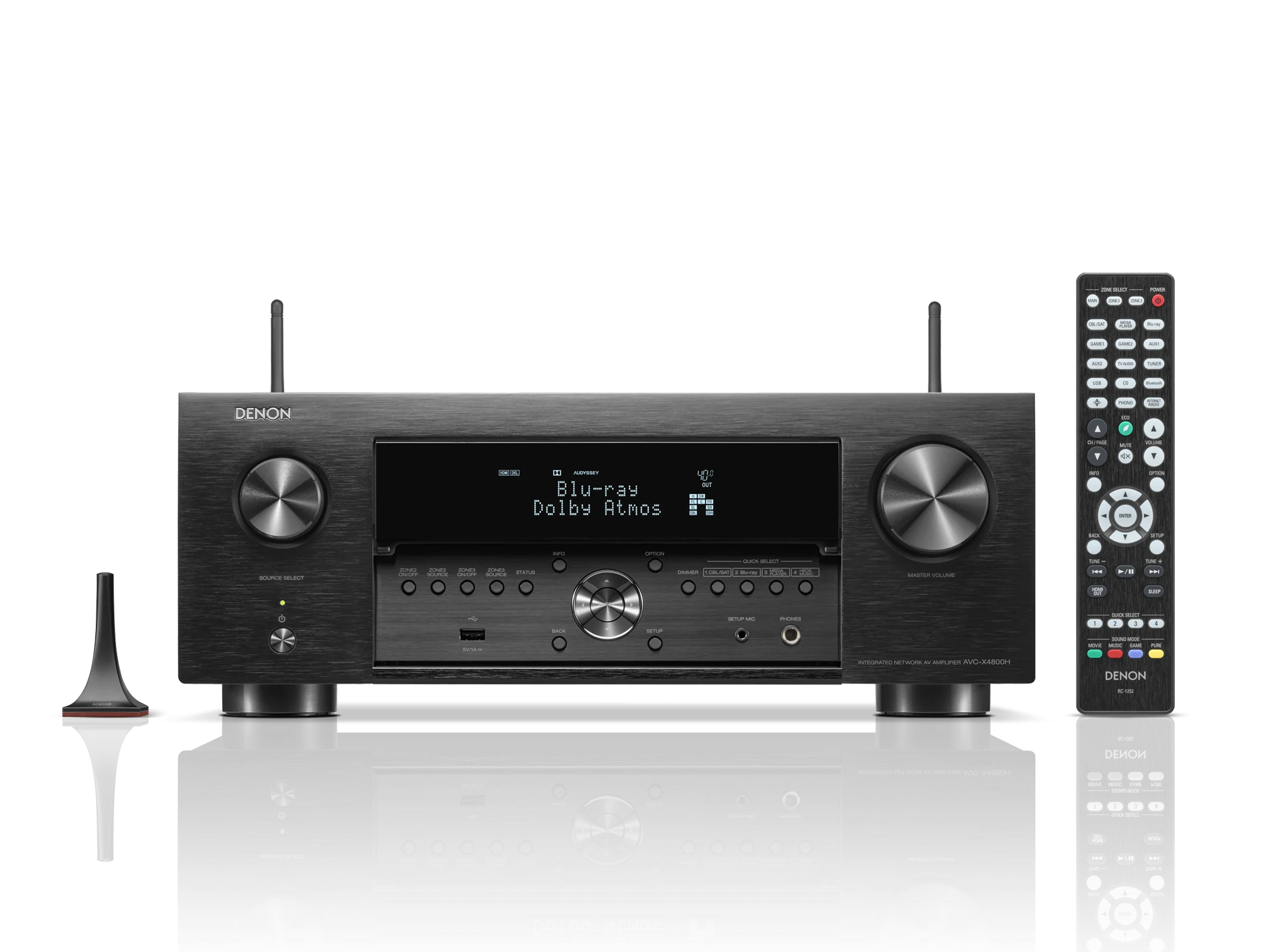 מגבר קולנוע ביתי דנון Denon AVC-X4800H בצילום חזיתי בגודל מלא יחד עם השלט והמיקרופון כיול