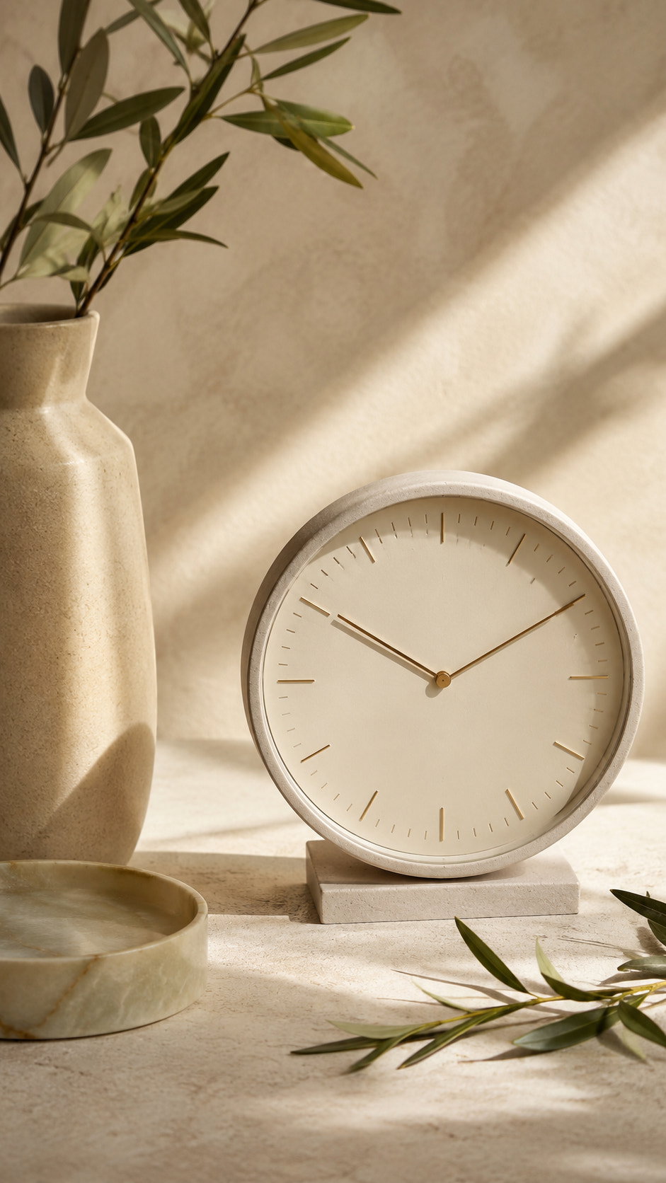 Horloge murale claire posée près d’un vase et d’un rameau d’olivier
