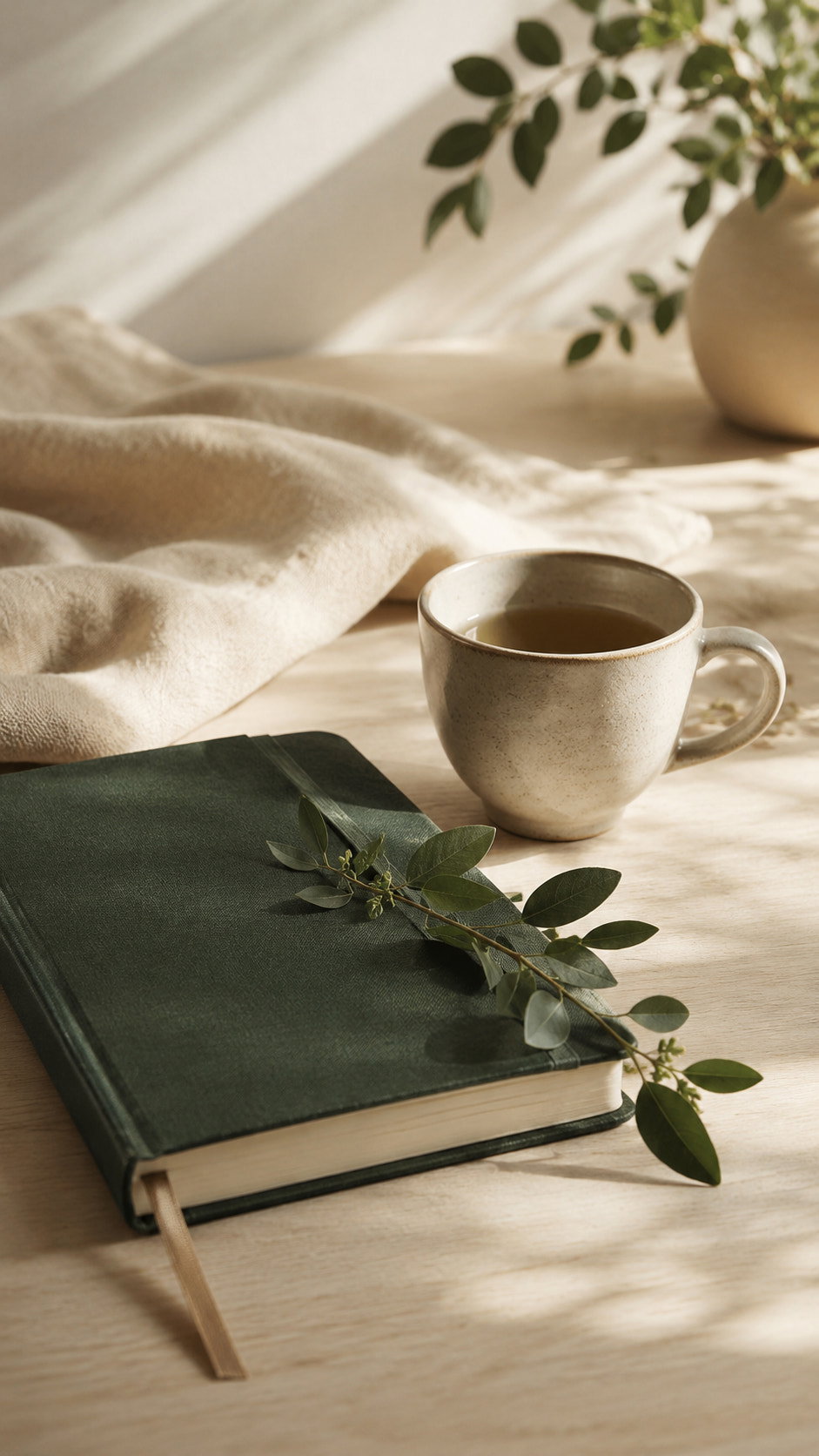 Carnet vert, tasse de thé et rameau de feuilles sur une table lumineuse