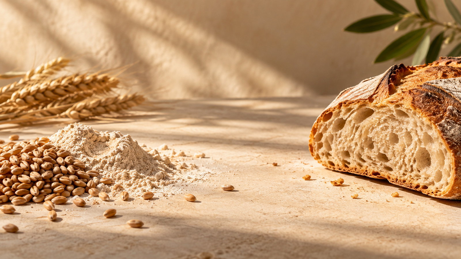 Épis de blé, farine et pain de campagne sur une table claire