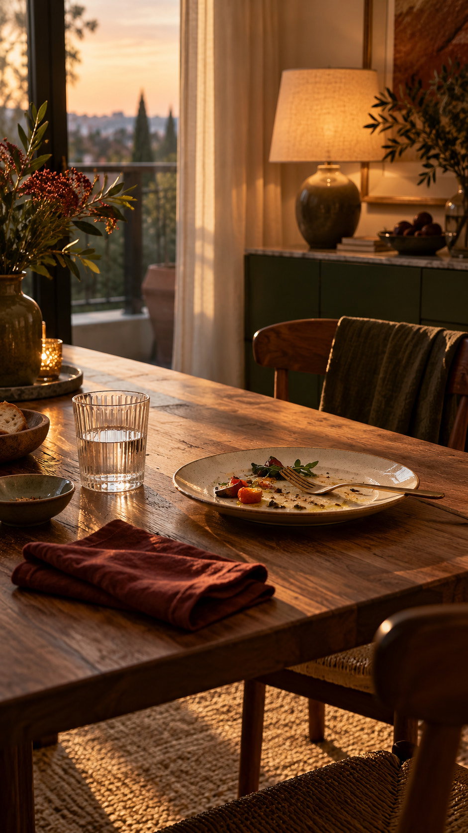Table dressée pour un repas du soir, à la lumière d’une lampe