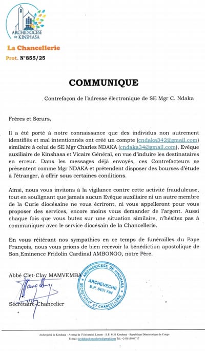 Contrefaçon de l’adresse électronique de SE Mgr Ndaka