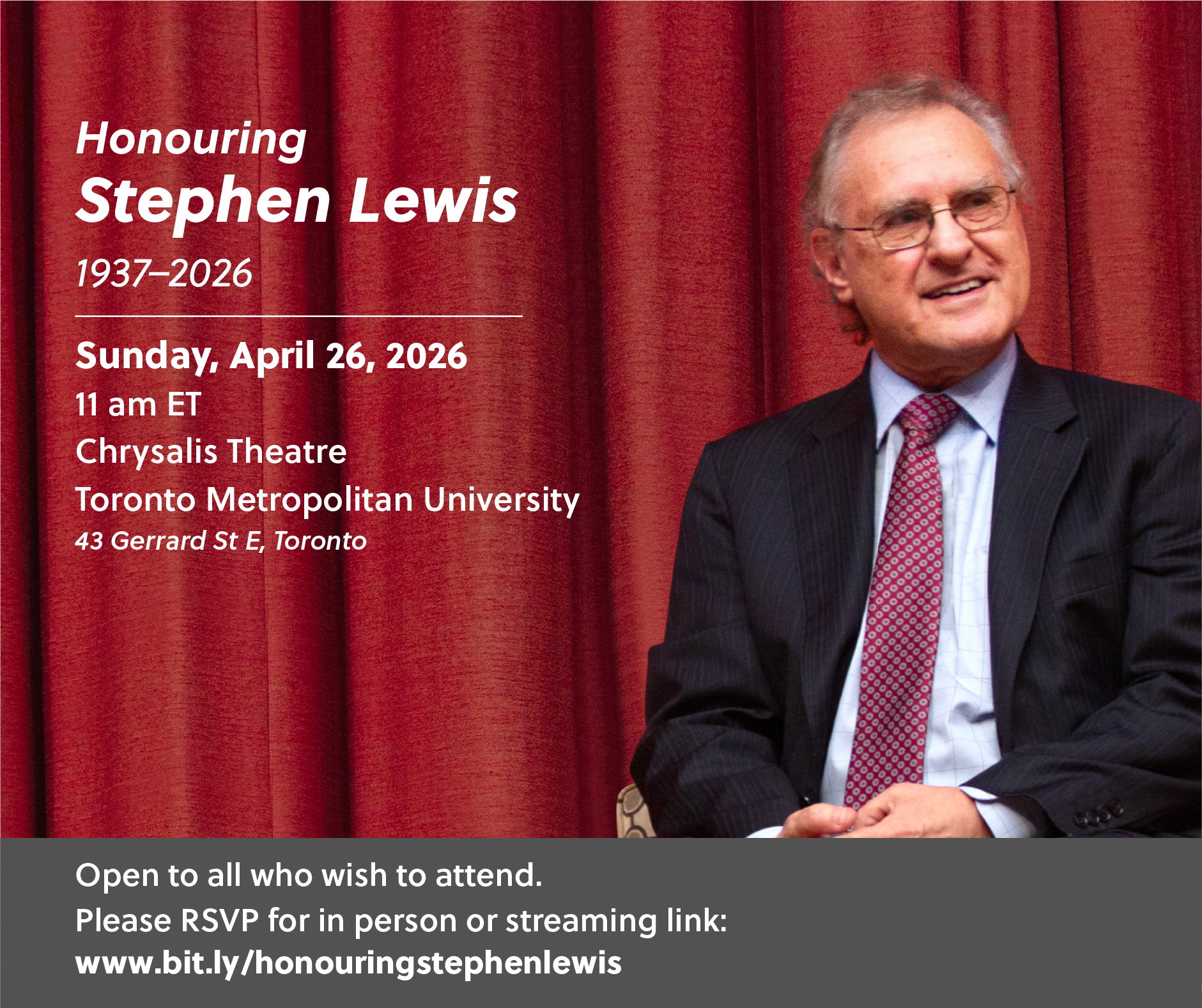 Celebrate the life and legacy of Stephen Lewis – Sunday, April 26, 2026