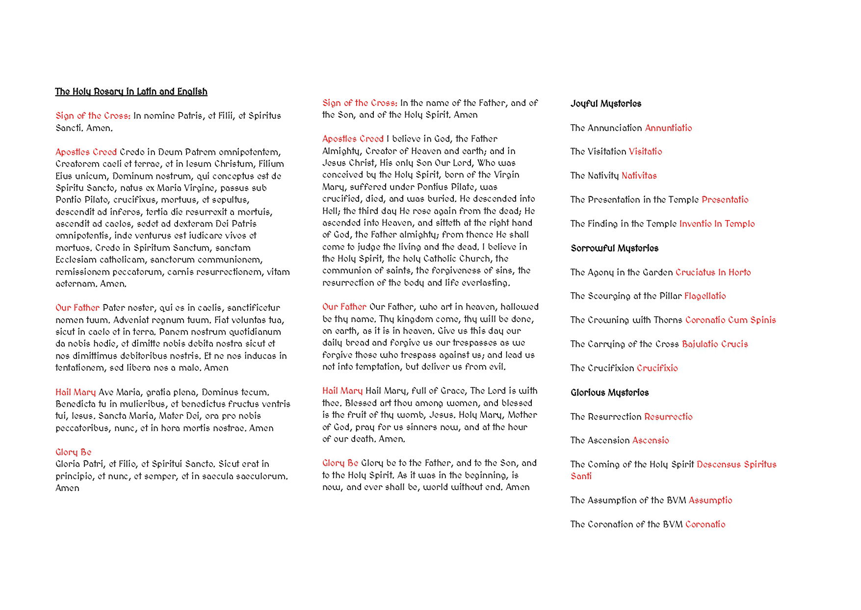 Latin & English Text with the Mysteries of the Rosary 