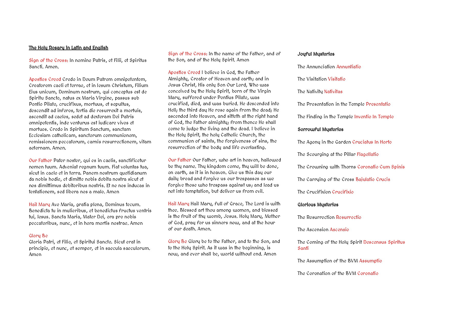 Latin & English Text with the Mysteries of the Rosary 