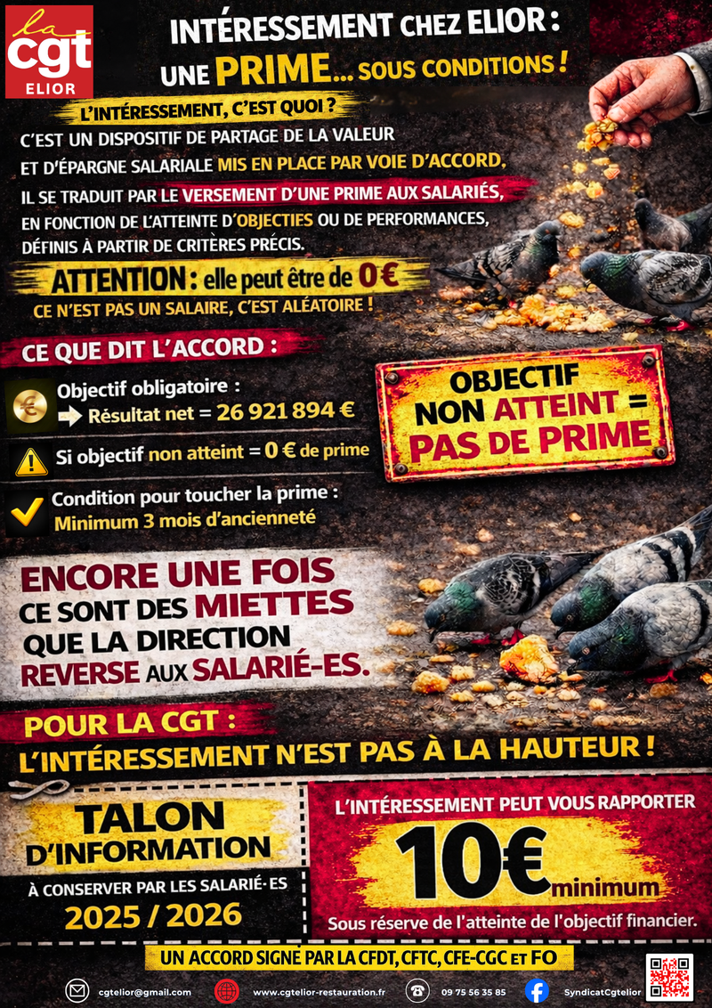 INTÉRESSEMENT CHEZ ELIOR : DES MIETTES POUR LES SALARIÉS, UNE HONTE !