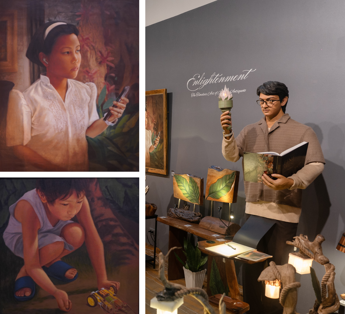"Timeless Connection" (Top Left), "Rocket Car" (Bottom Left), "The Torch Bearer" (Right)