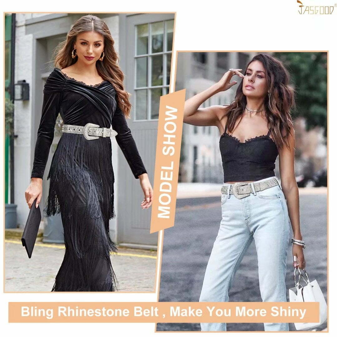 Ceintures en strass pour femmes JASGOOD Ceinture en cuir à clous en cristal de style occidental à la mode