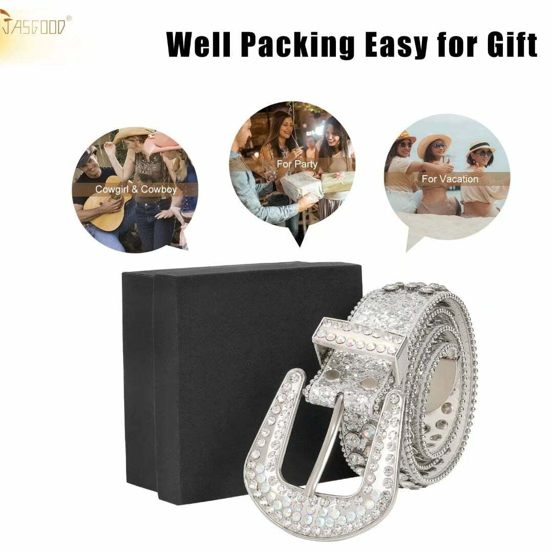 Ceintures en strass pour femmes JASGOOD Ceinture en cuir à clous en cristal de style occidental à la mode