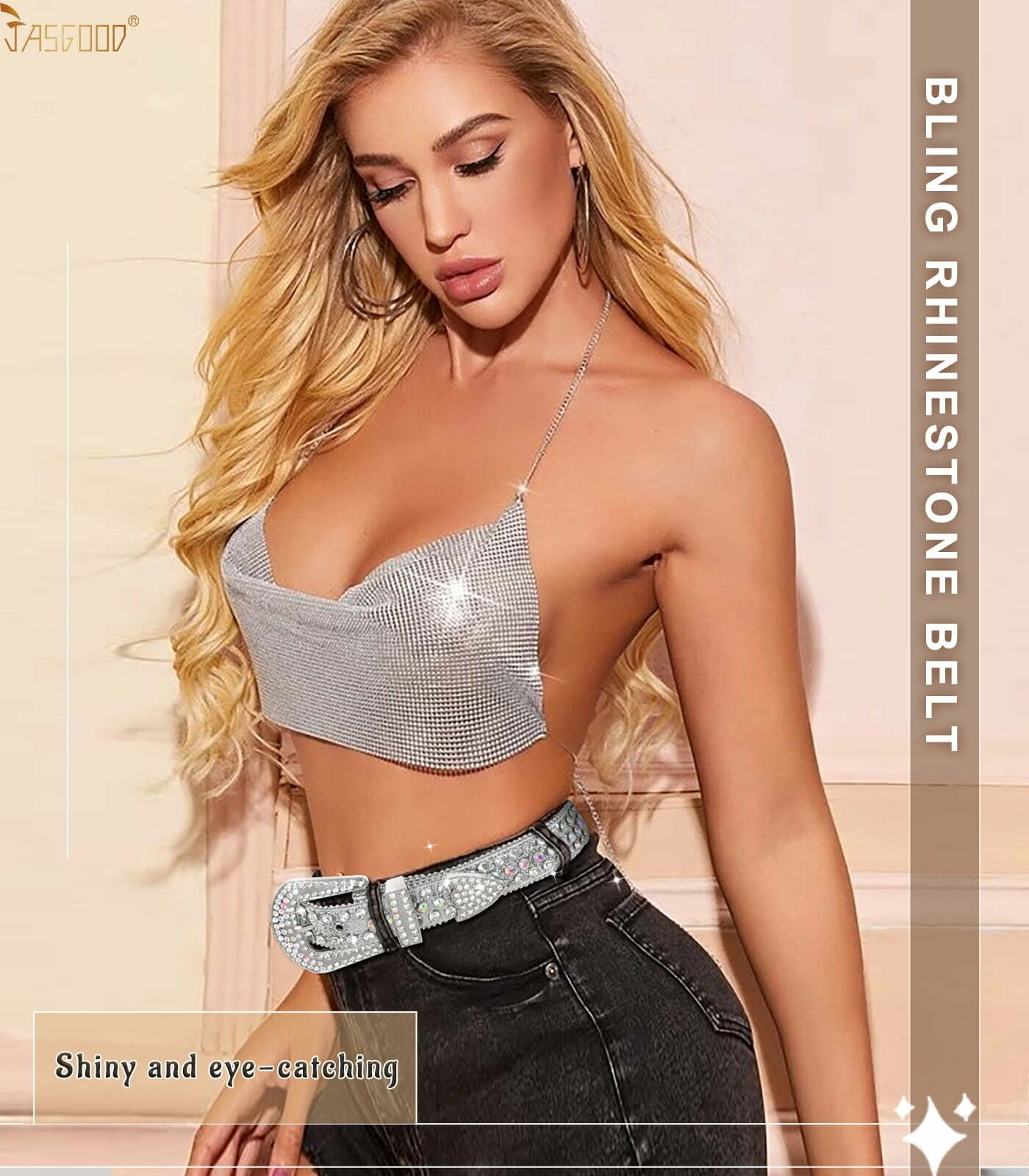 Ceintures en strass pour femmes JASGOOD Ceinture en cuir à clous en cristal de style occidental à la mode