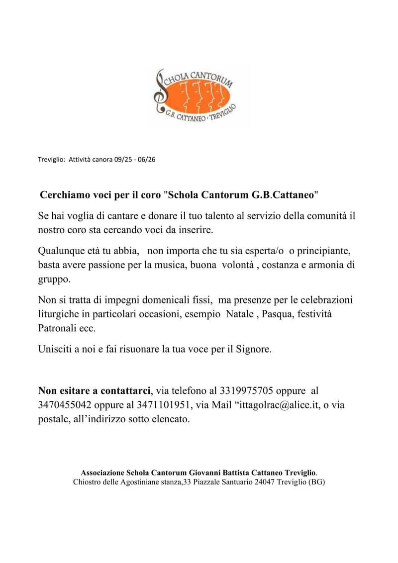 VOCI PER IL CORO SCHOLA CANTORUM G.B. CATTANEO