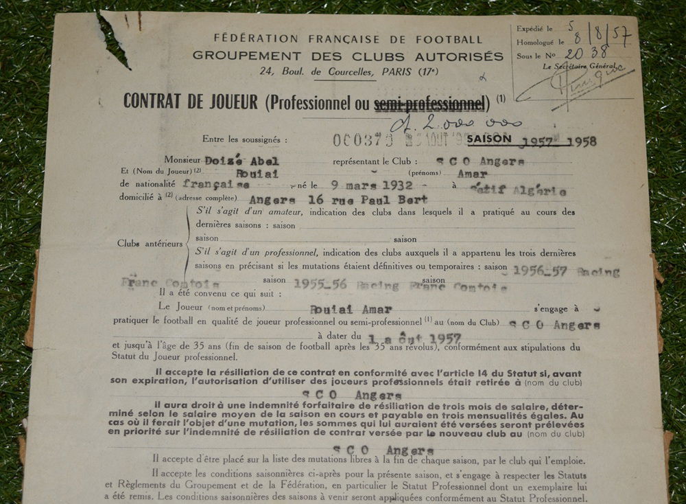 Contrat de joueur professionnel d'Amar Rouai, saison 1957-1958